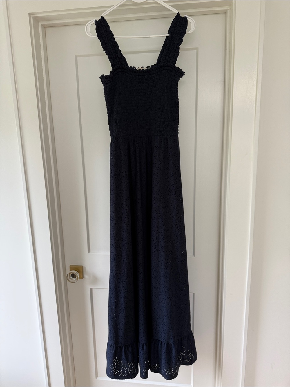 Woman’s Navy Smocked Maxi Dress with Ruffle Hem